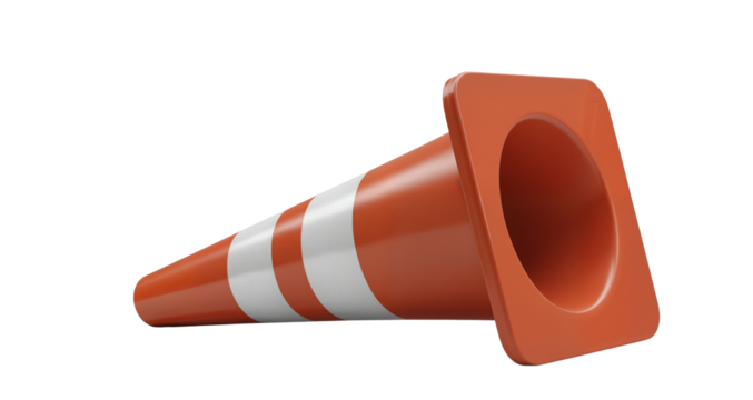 Orange traffic cone with white stripes isolated on a transparent background
