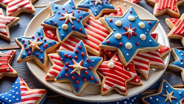 Festive star shaped cookies decorated with red white and blue icing and sprinkles