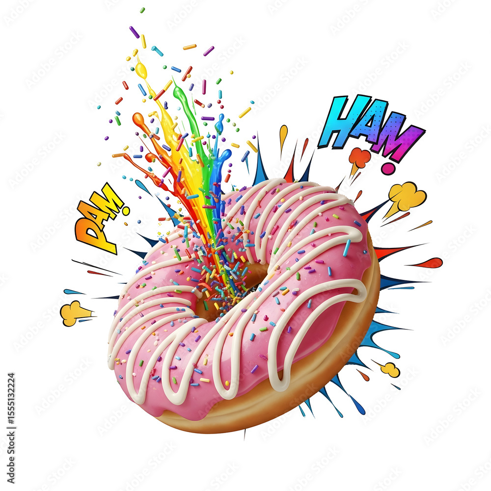 Poster vibrant illustration featuring a pink frosted donut with rainbow sprinkles and colorful explosions a