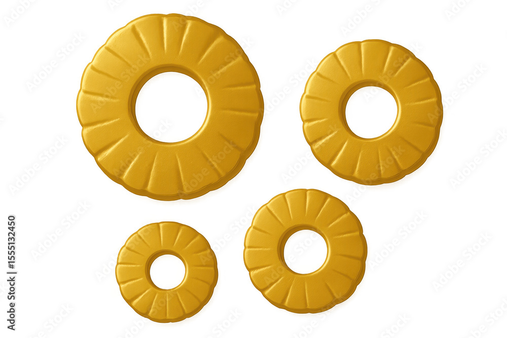 Poster four pineapple slices of different sizes rotating on a transparent background, creating a dynamic an