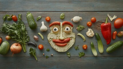 Funny vegetable face made from fresh produce on rustic wood.