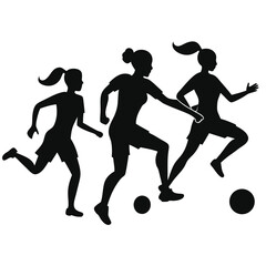 Silhouette Illustration of Three Female Soccer Players Dribbling Passing and Kicking a Soccer Ball in a Dynamic Action Sequence on a White Background