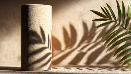 Beige Cylindrical Product Packaging with Palm Leaf Shadow