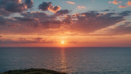 Fototapeta premium Sunset over the ocean with clouds and vibrant colors, picturesque landscape, tranquility, natural beauty, and atmospheric scene.