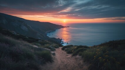 Fototapeta premium Coastal landscape at sunset with a pathway leading toward the ocean and mountains, vibrant sky, and reflective water. Nature and sunset scenery. Tranquil and scenic outdoor view.