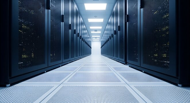 Long sterile corridor with rows of dark server racks and illuminated ceiling lights - Powered by Adobe