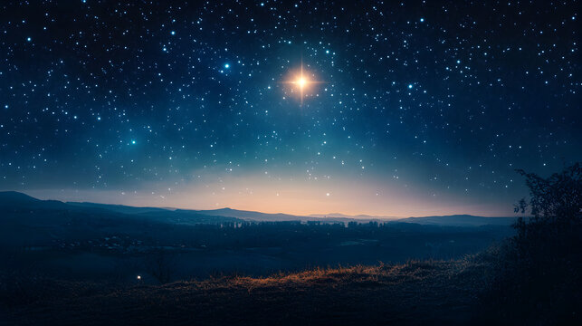 un paisaje hermoso de la naturaleza de noche con un cielo estrellado y una estrella mayor iluminando el cielo resplandeciente al horizonte de las monta&ntilde;as en la tierra