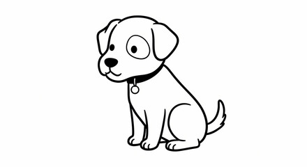 Fototapeta premium Sitting Puppy Cartoon with Collar in Black and White Outline