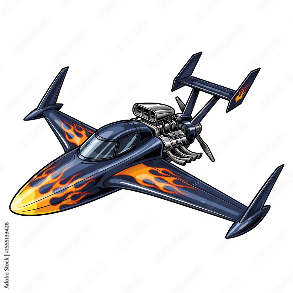 Poster pixelated illustration of a custom airplane with a prominent engine and flame details against a tran