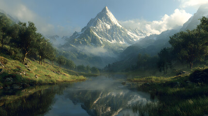 Majestic mountain reflected in a serene, misty lake