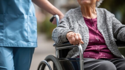 Close-up of a nurse helping a senior woman in a wheelchair, showcasing care and compassion.