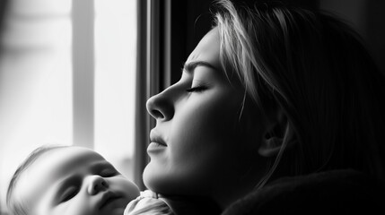 A somber mother gazes out the window while holding her sleeping baby, capturing a moment of emotional struggle.