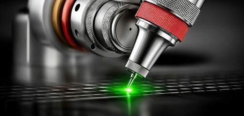 Close-up of a laser cutting tool emitting a green beam, showcasing advanced technology and precision.
