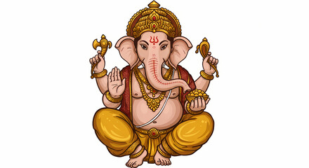 Sitting Figure Illustration with Headdress Holding Objects