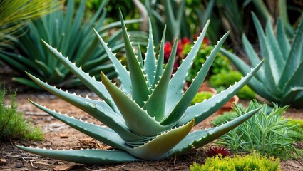 Obraz premium Aloe Vera plant in a garden landscape with other succulents and ground cover.