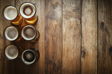 Fototapeta premium Six glasses of foamy craft beer on vintage wood table with copy space, ideal for pub menus, brewery branding, Oktoberfest promotions, and drink-themed marketing designs