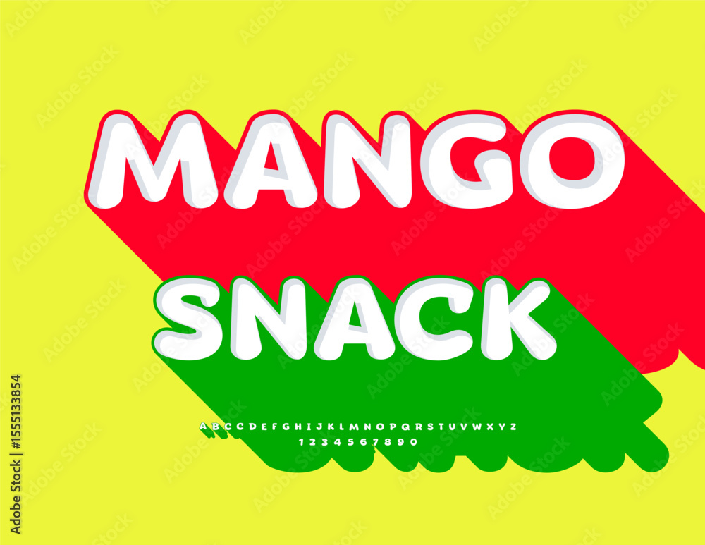 Poster vector bright sign mango snack. artistic font with big shadow. unique round alphabet letters and num