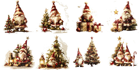 Christmas illustrations of Santa Claus, trees, and gifts in festive style  