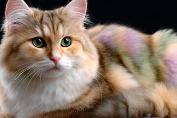 Long-haired cat with green eyes and soft striped fur in shades of brown, white, pink and green, lying against a black background with a gentle and alert expression