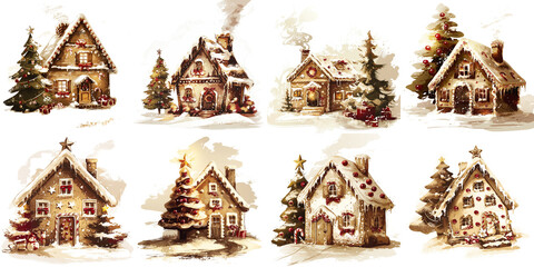 Winter village houses with snow and Christmas trees in festive style  
