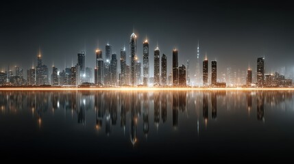 Naklejka premium Glowing Cityscape Reflecting on Water at Night with Sleek Contemporary Architecture