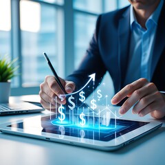 Businessman analyzing financial growth charts and dollar symbols on a tablet device in a modern office setting with a blurred background