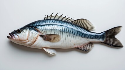 A fish with spiny dorsal fin and striped body, isolated on white background.