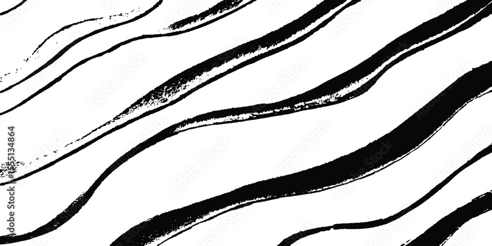 Poster Black flowing wave lines on white and transparent background. Wave line art pattern white backgrounds drawing. Black and white waves. Modern vector background. Stylish texture with wavy stripes lines.