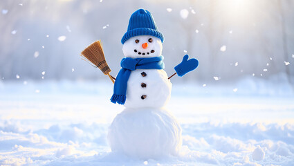 Fototapeta premium Cheerful snowman dressed in blue with broom and mittens in falling snow