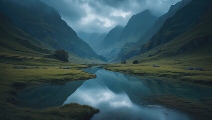 Lush valley with river flowing through mountains under cloudy sky. Nature landscape. Scenic view of hills and water. The concept of wilderness and natural beauty.