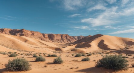Desert landscape with sand dunes, rocky cliffs, sparse vegetation, and a partly cloudy sky.