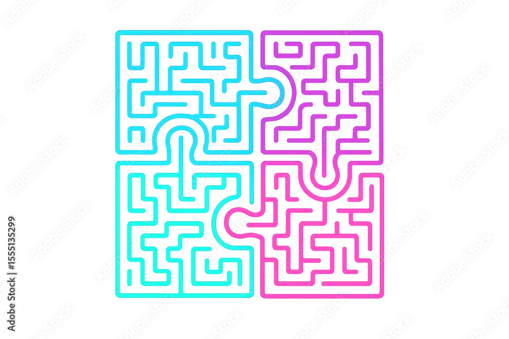 Poster two neon mazes forming puzzle pieces represent problem-solving, strategy, and challenge with transpa