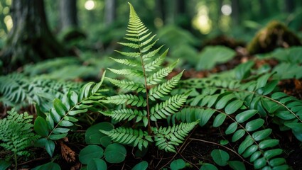 A fern growing among other green plants in a forest setting.