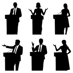 Silhouetted speakers at podiums giving talks