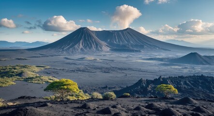 Fototapeta premium A volcanic landscape with two volcanoes, cloudy sky, and sparse greenery on a dark rocky terrain.