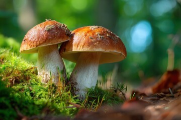 Wild mushrooms growing in a lush forest during a sunny afternoon in autumn