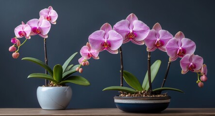 Naklejka premium Pink orchid flowers in pots with green leaves against a dark background.