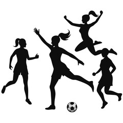 Silhouette of Female Soccer Players in Action Poses with a Soccer Ball Isolated on White Background Representing Teamwork Sport and Athleticism in Vector Format