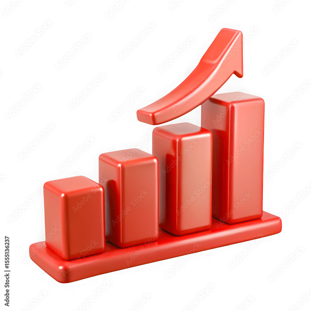 Poster red 3d bar graph with upward arrow indicating growth and success isolated on transparent background
