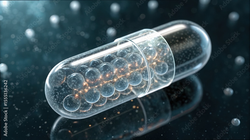 Poster transparent capsule showcasing layered nanotech elements in gigapixel