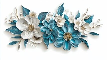 Delicate floral arrangement in teal and white.  Paper flowers and leaves in 3D style