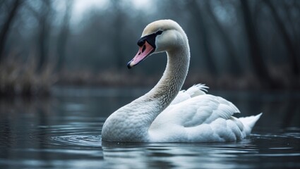 Fototapeta premium A swan on the water in a natural setting with trees in the background.