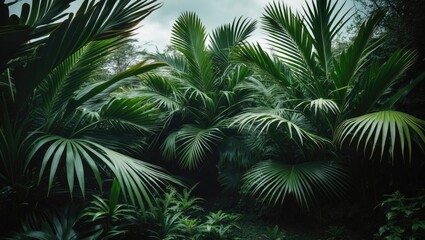 Fototapeta premium Lush tropical jungle with dense green palm and tropical plants, vibrant foliage. Nature, rainforest, exotic vegetation. The scene of rich greenery and thriving plant life.