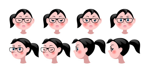 Set of head of funny cartoon girl with glasses in different turns isolated on white. Drawing in flat style suitable for animation. Vector illustration