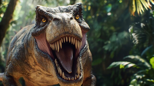 A fierce Tyrannosaurus Rex roars, its sharp teeth bared, amidst lush jungle foliage. - Powered by Adobe