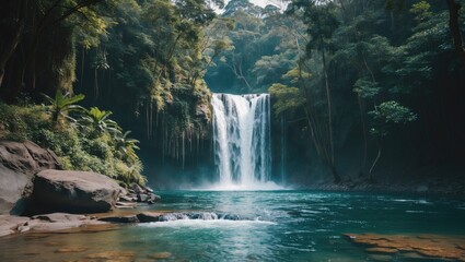 Naklejka premium A scenic view of a waterfall and river surrounded by lush forest and greenery. Nature and landscape photography. Water, forest, and natural scenery.