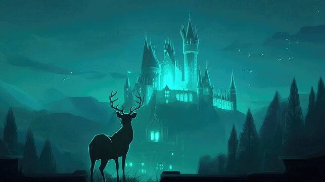 Silhouetted deer and glowing castle at night.