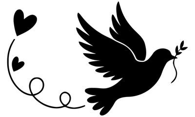 Dove flying with olive branch and hearts