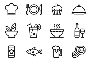  Food, Drink, and Restaurant Menu Line Icon Set