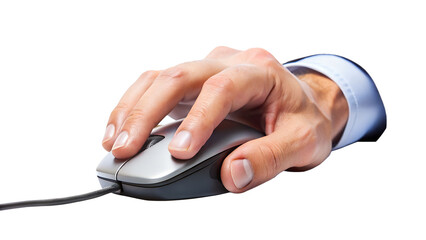 Close up of a hand using a computer mouse with a transparent background for design projects related to technology.